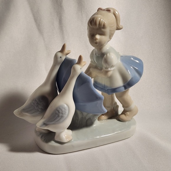 Other - Vintage Young Girl & Umbrella & Ducks Geese Porcelain Figurine‎ EUC Signed